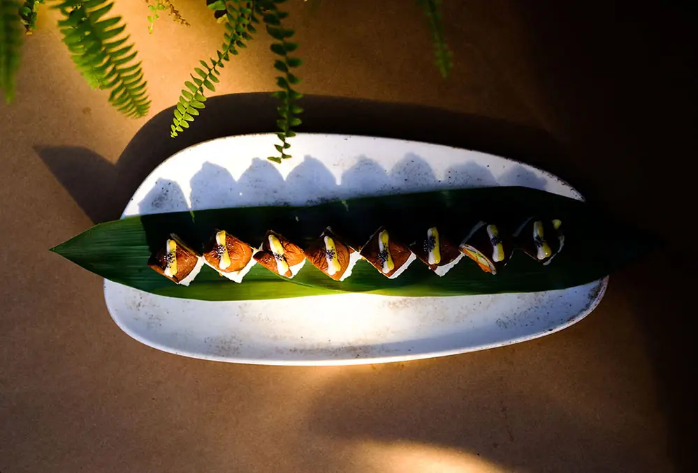 Nigiri lined along a leaf on a curved dish under a narrow spotlight